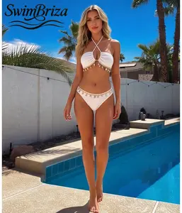 Briza｜Women's Halter Cut-Out Textured White Bikini Set Two-Piece Swimsuit Shell Charm Bathing Suit Beach Swimwear For Vacation Pool Summer Resort Wear, Women's Swimwear, Bathing Suit for Women, Two Piece Bathing Suit, Halter Neck, Vacation Swimwear