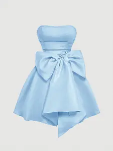 Blue Mini Dress for Women - Strapless Party Outfit with Bow