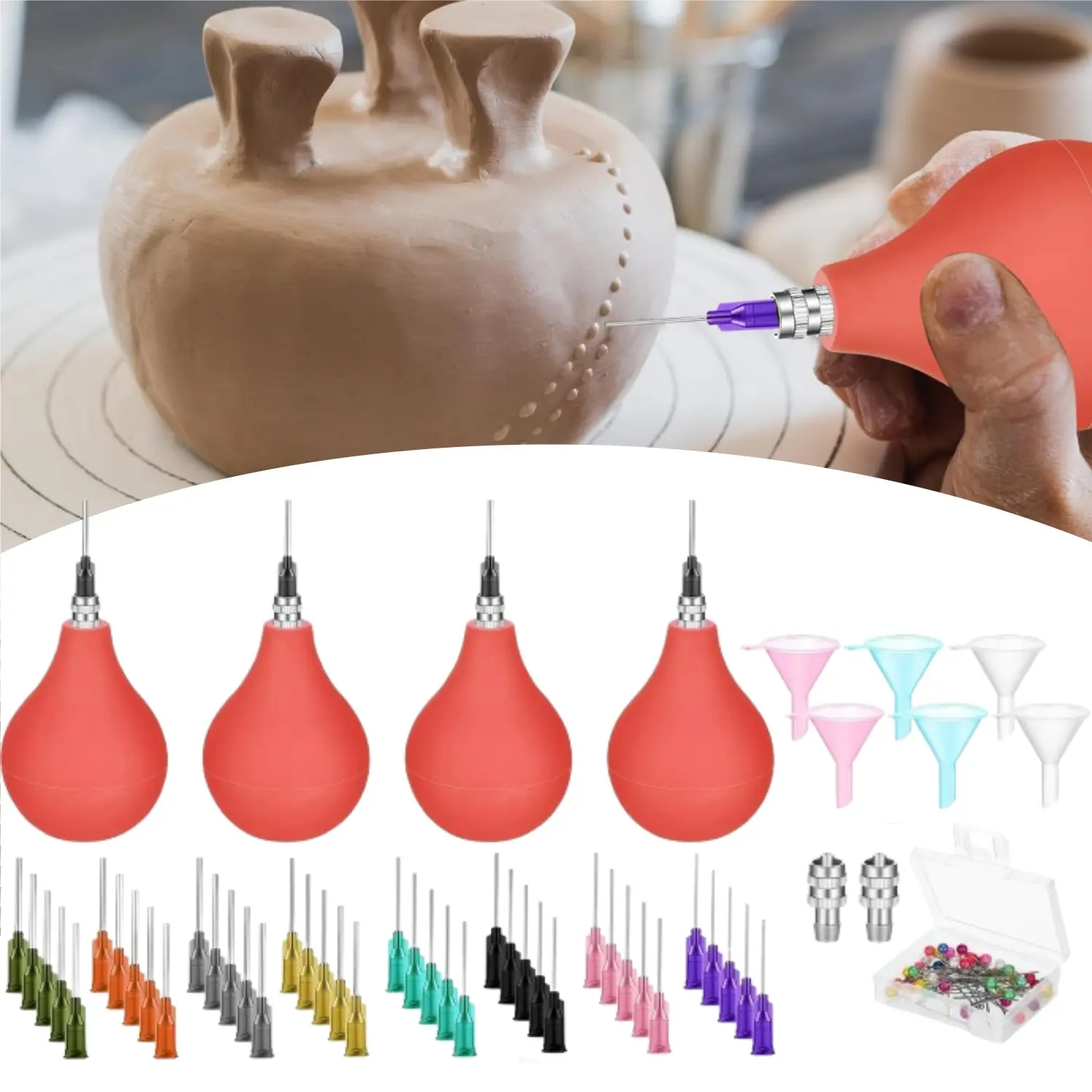 53-Pack Pottery Ceramic Glaze Slip Trailer Bottles Kit, 3 oz Precision Tip Applicator Glue Bottles with 4 Squeeze Balls, 4 Filling Funnels, 1 Unclog Pin Box, 14-21g Needles (10 pieces each type) for Clay Crafting