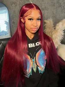 32 Inch Burgundy Long Straight Wigs for Women, Gorgeous Fluffy Wigs without Bangs, Synthetic Lace Front Wigs for Party, Daily Use, Lace Frontal Wigs