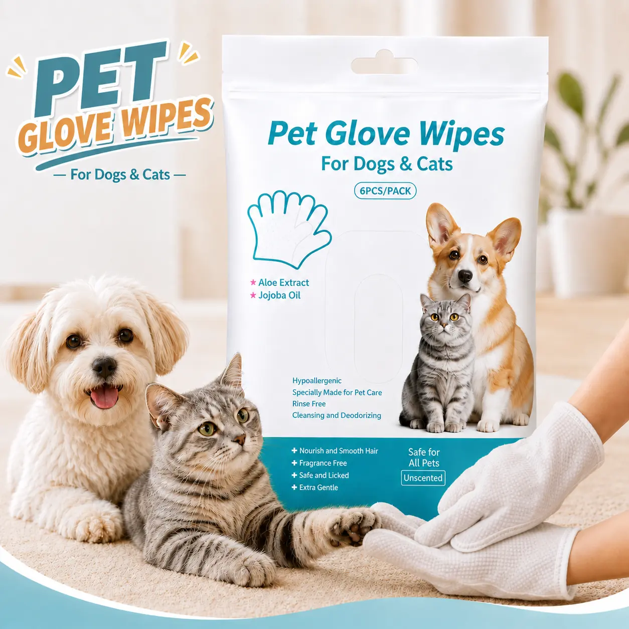 6Pcs 5-Finger Pet Grooming Glove Wipes for Dogs & Cats - Soft, Durable No-Rinse Disposable Gloves for Paws, Face, Ears, Full Body Clean, Effective Daily Cleaning, Travel & After Walks Waterless Bath Wipes, Effectively Cleaning