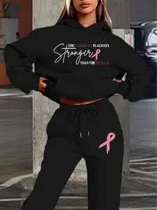 Women's Hooded Sweatshirt Set, Womenswear, Breast Cancer Awareness Ribbon Design, Inspirational Text Print, Casual Fall & Winter Wear, Knit, Clothes
