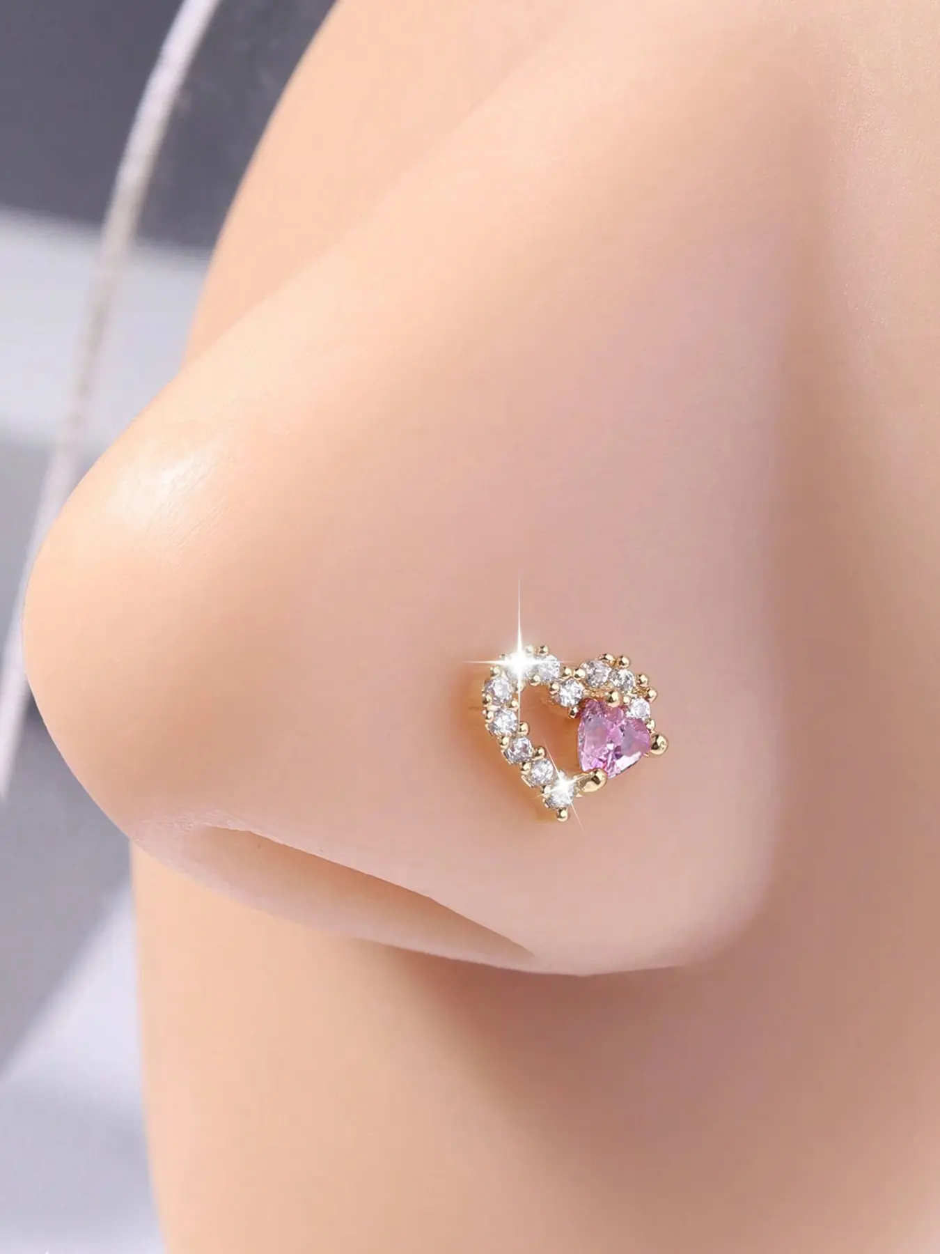 Heart L-Shape Inlaid Shine Nose Stud Ring, Stainless Steel Body Piercing Jewelry, Party Style, All-Season Wearable