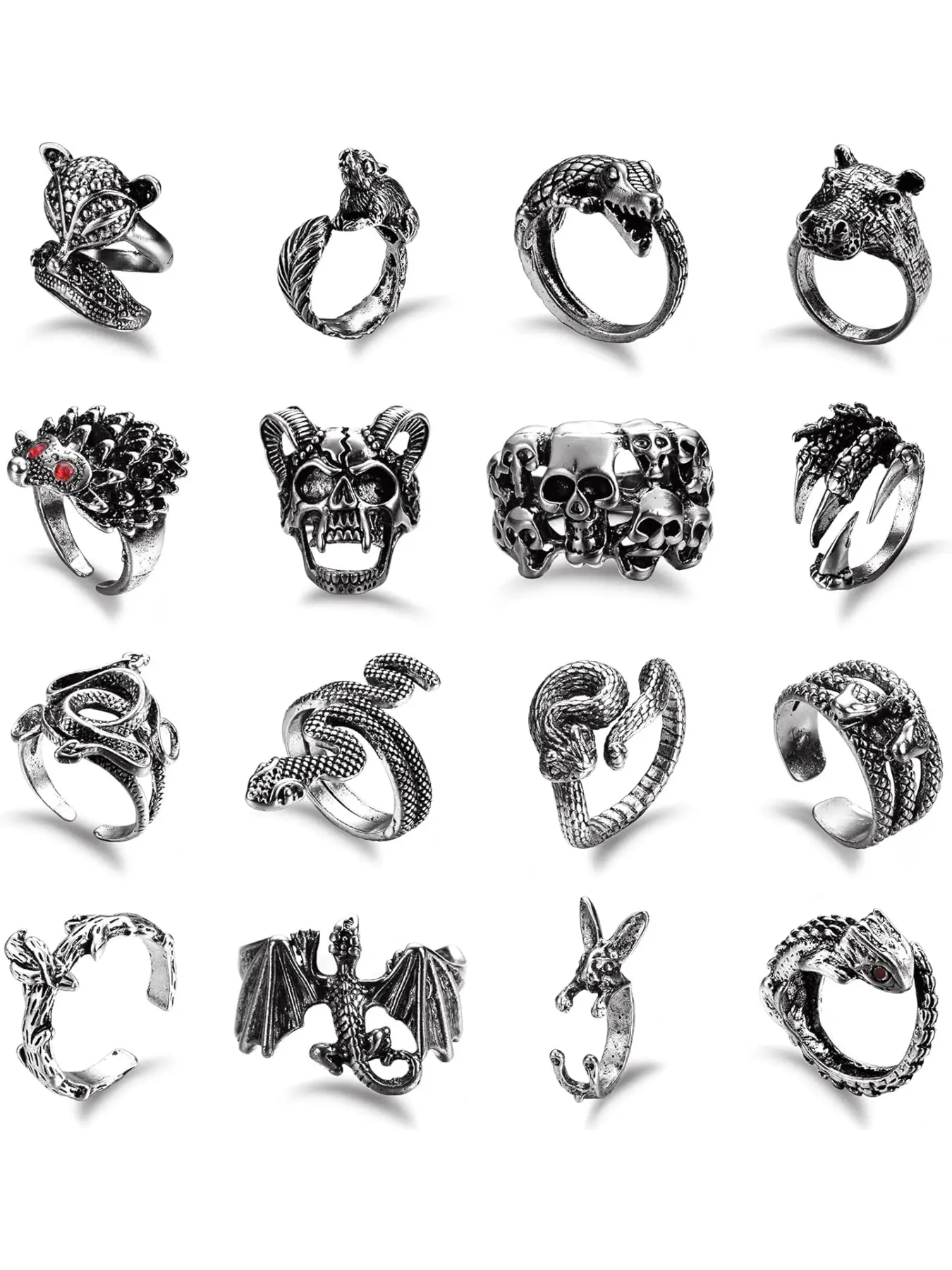 16Pcs Gothic Open Rings Set for Men Women Punk Adjustable Snake Dragon Claw Animal Rings Vintage Goth Skull Rings Indie Aesthetic Punk Style Ring Dark Aesthetic Rings