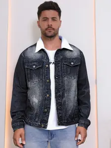 Men's Casual Fashion Fleece Collar Long Sleeve Button Front Denim Jacket, Korean Style Classic Vintage Washed Jean Coat, Perfect Gift for Boyfriend