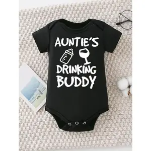 Cute Baby Bodysuit With Aunties Drinking Buddy Print Soft Versatile Round Neck Button Detail Regular Fit All Seasons Knitted Fabric Onesie For 0-12 Months