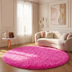 Round Fluffy Rugs for Girls Bedroom, Hot Pink Shag Circle Rug Non-Slip for Bedside Dorm Nursery Playroom, Soft Cute Area Rugs for Living Room Decor