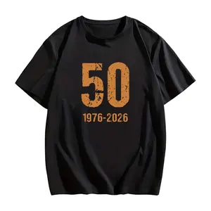 Vintage Distressed "50" Oversized Number, Paired with a "1976-2026" Birth Year Logo Print Pattern Below, Featuring a Texture That Exudes a Sense of Accumulated Years, Round Neck Short Sleeve T-shirt for Men