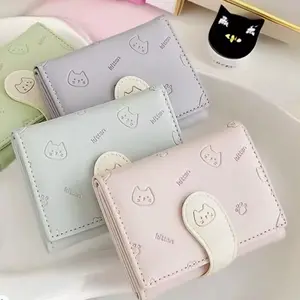 Cute Cat Print PU Leather Wallet Short Fashion Coin Purse Card Holder Buckle Clasp Money Bag Stylish Compact Coin Pouch