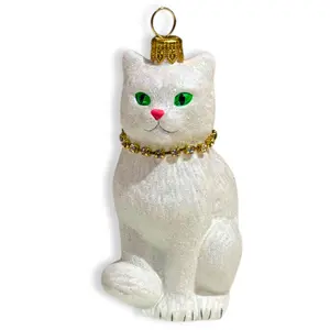 Sparkling White Glitter Cat Glass Christmas Ornament Handcrafted Shiny Feline Holiday Tree Decor Glittery Unique Xmas Gift for Cat Lovers