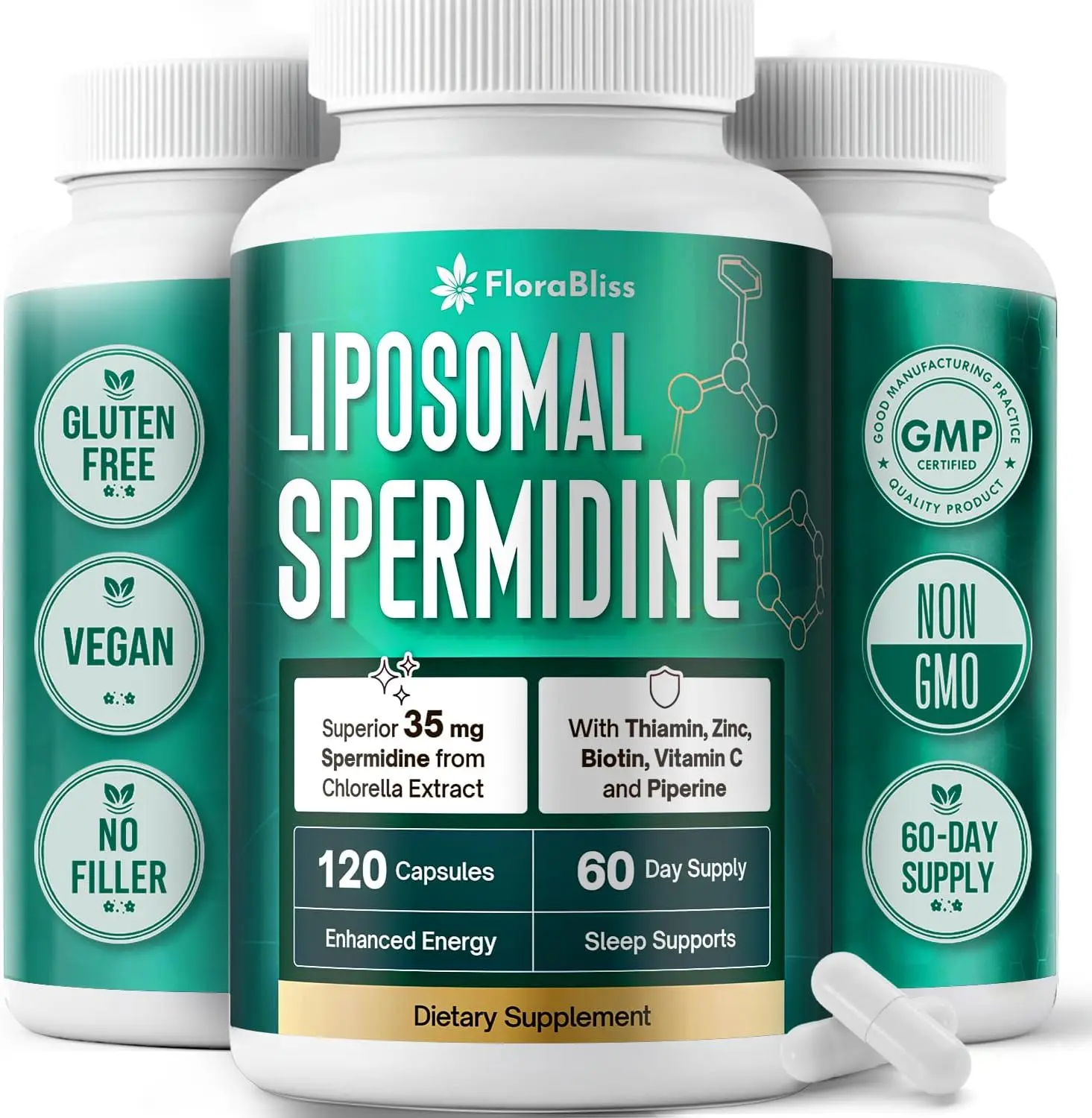 35mg Spermidine Supplement from Chlorella with Thiamin, Zinc, Biotin, & Vitamin C | 120 Capsules | Gluten-Free for Cellular Renewal, Healthy Aging & Vitality Support | 60-Day Supply