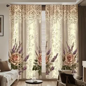 2-Piece set, 2D flat, elegant floral curtains - beige rose pattern, translucent rod pocket design, suitable for living room bedroom kitchen office home decoration - modern design, room decoration, Window Curtain
