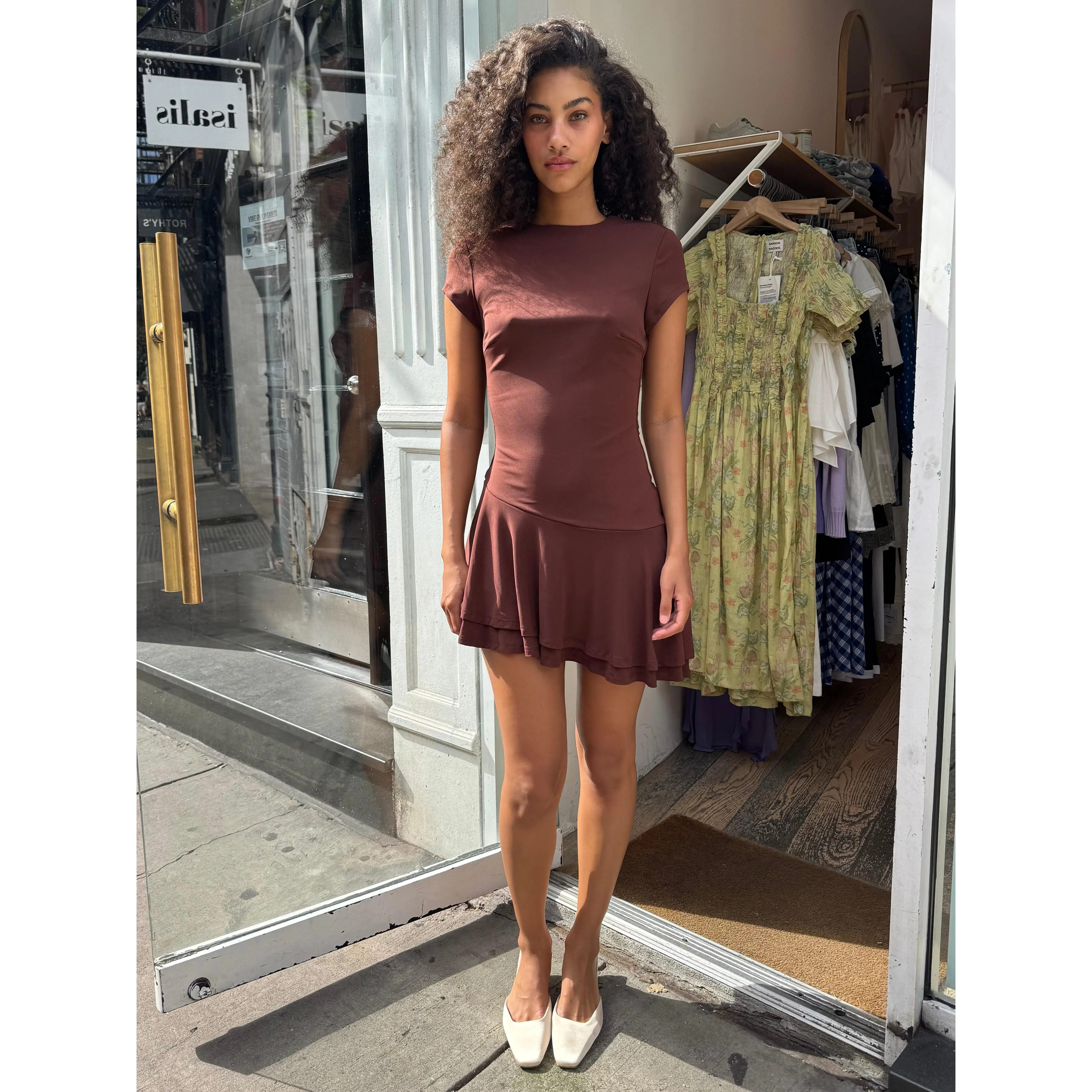 Jorja Asym Ruffle Mini Romper in Brown