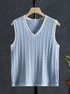 Men's Fitted V-Neck Sleeveless Knit Vest, Casual Preppy Spring & Fall Fashion, Trendy Men's Clothing, Affordable Gift for Him, Tops