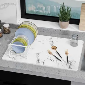 Large Stone Drying Mat for Counter, 24" * 16" Diatomite Dish Drying Mat, Quick Dry Stone Mats, Absorbent Natural Diatomaceous Earth Mats for Dished,, White Marble