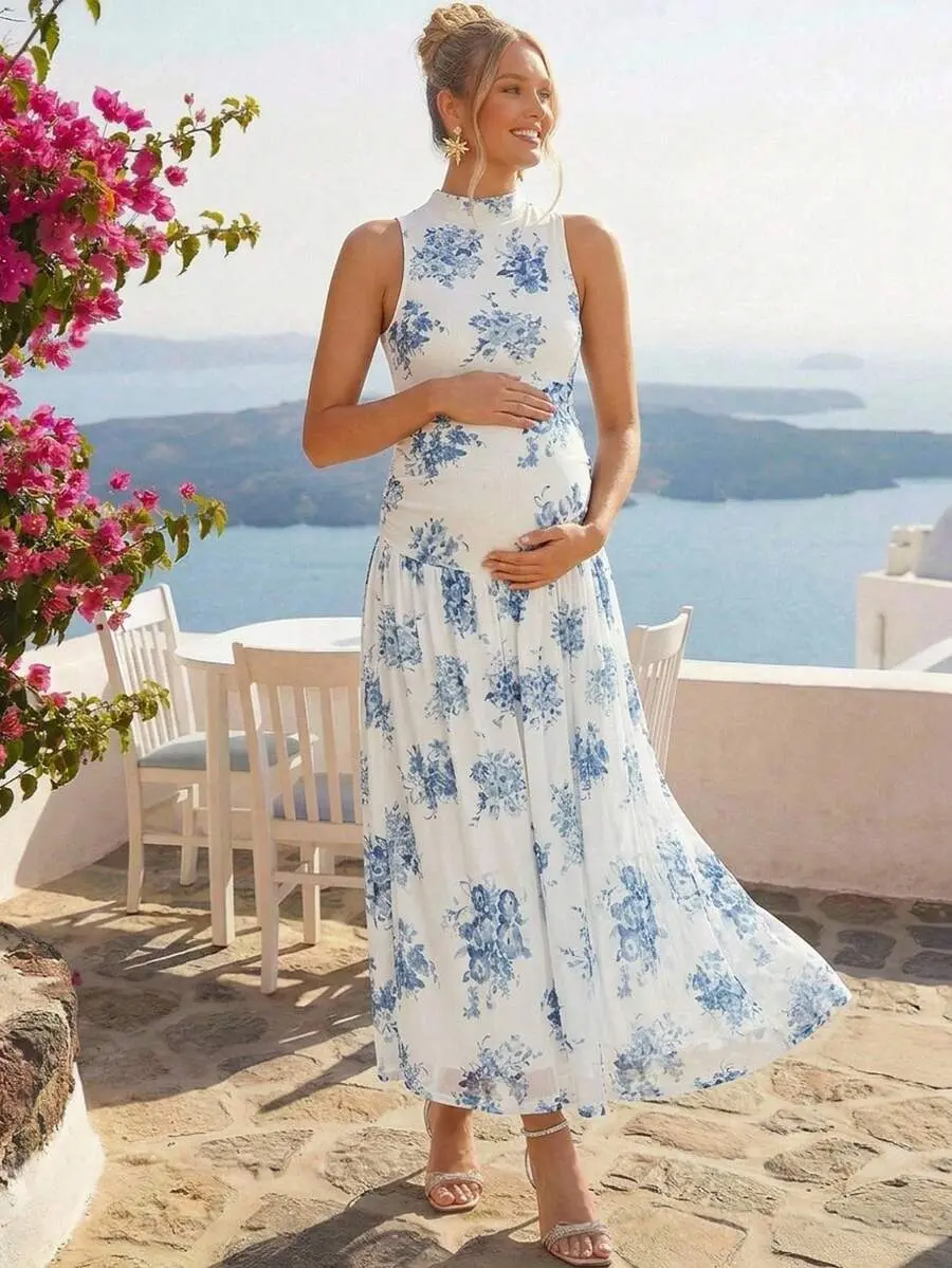 MaterniRIO Elegant Floral Print Sleeveless Maternity Dress For Summer,Gender Reveal Dress,Maternity Dress,Baby Shower Dress