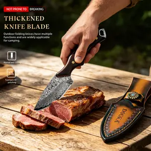 DOGKA Damascus Pattern Fixed Blade Knife with Wood Handle & Leather Sheath, 2.75" Blade Utility Knife for Outdoor Camping, Picnic & Daily Use
