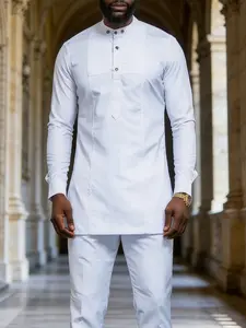 Men's African Dashiki Set, Simple Style, Front Button, Round Neck, Split Hem Long Sleeve Top, Elastic Pants, Casual Shirt & Pants 2 Piece Set
