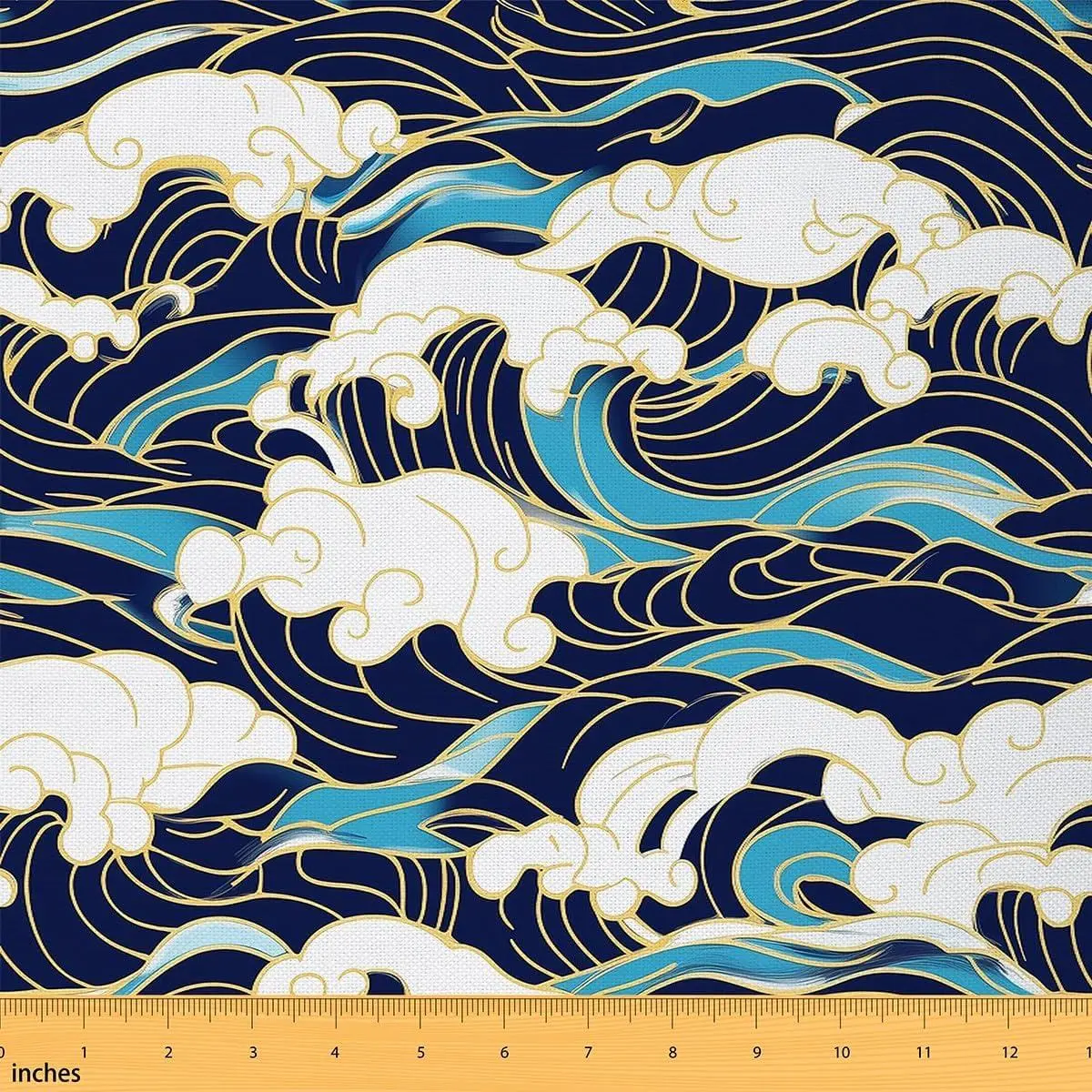 Cartoon Sea Wave Fabric Japanese Ukiyoe Decoration No Stretch Fabric Handmade Supplies Blue Golden Waves Ocean Theme Soft Flannel Polyester Fabric DIY Projects Pre-Cut