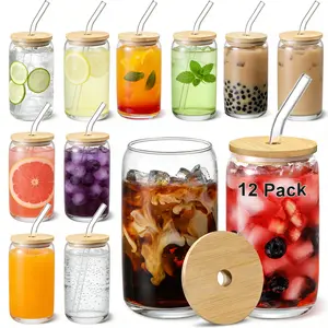 [ 12pcs Set ] Glass Cups with Bamboo Lids and Glass Straw - Beer Shaped Drinking Glasses, 16 oz Iced Coffee Glasses, Cute Tumbler Cup for Smoothie, Boba Tea, Whiskey, Water - 2 Cleaning Brushes