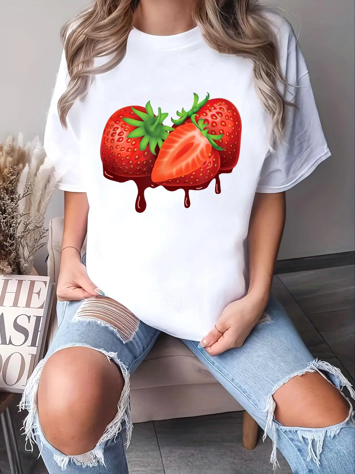 100% Cotton Unisex Berry Lover Beautiful Strawberries Fruit Lover Gift T-Shirt -Short Sleeve T-Shirt Women's Men's Graphic Tee Causal Tops