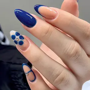 24pcs Almond Shape Fake Nails, Nude Base + Klein Blue French Tips, Hand-Painted Blue Polka Dots, Metal Studs, Reusable, Beginner-Friendly