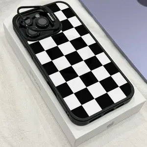 Checkerboard Pattern MagSafe Shockproof Phone Case with Camera Foldable Stand, Magnetic Anti-Scratch Cover Compatible for iPhone 17 Pro Max/16/15 & Samsung Galaxy Series Models, Come with 2 Pcs Free Tempered Glass Screen Protector Full Coverage