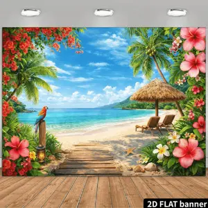1PC,2D Flat Backdrop Tropical Beach Vacation Backdrop, Hawaiian Style Sandy Beach with Flowers & Coconut Trees, Decorative Background for Festival Parties, Ideal for Photography & Event Decoration