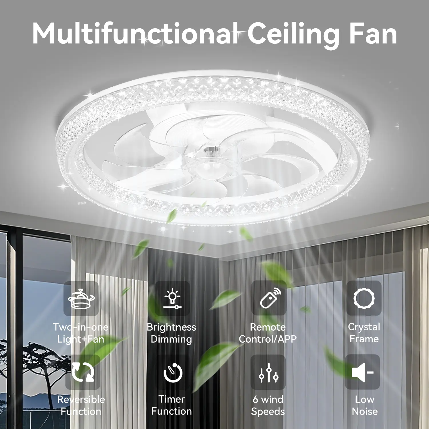 GALENTAL DiamantesSmart Ceiling Fan with Light, 6-Speed Reversible DC Motor, APP/Remote Control, Timer & Stepless Dimming, 3 Color Temperatures (3000K-6500K), 20"-White Crystal for Bedroom, Living Room, Study, Dealsforyoudays