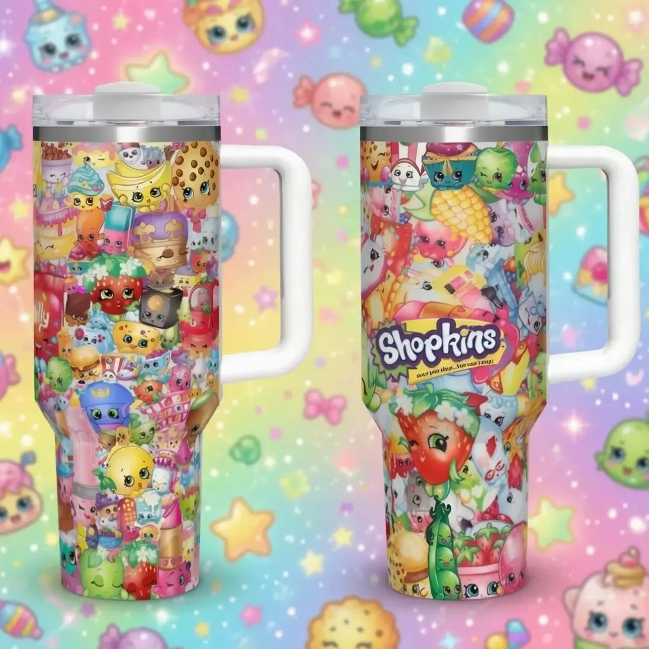 Shopkins Inspired 40oz Tumbler with Handle, Stainless Steel Insulated Travel Mug, Reusable Water Bottle, Cute Gift for Fans