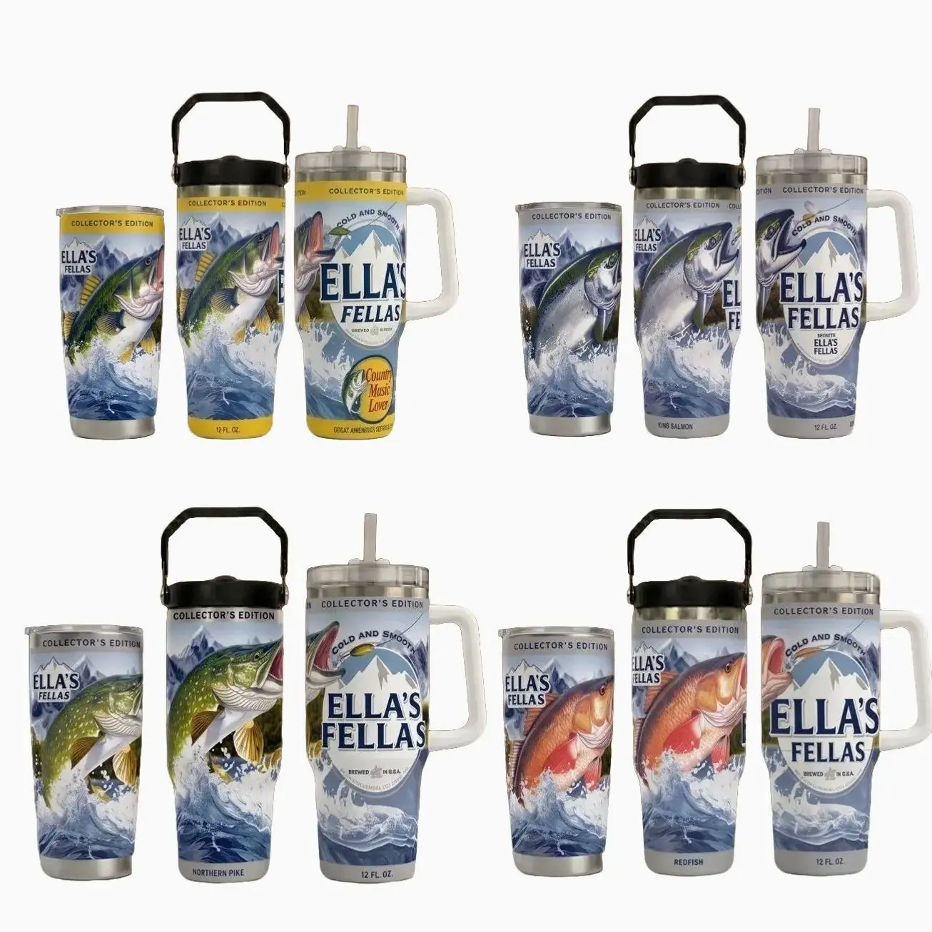 Ella's Fellas Fishing Tumbler Collection, Bass King Salmon Northern Pike Redfish Travel Mug, Fishing Lover Gift, Angler Stainless Steel Cup