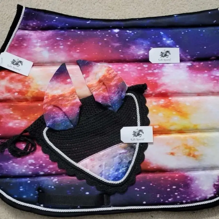 Horse Tack: Galaxy Style English Saddle Pad with Fly Bonnet Ear Net Mask Veil Bundle