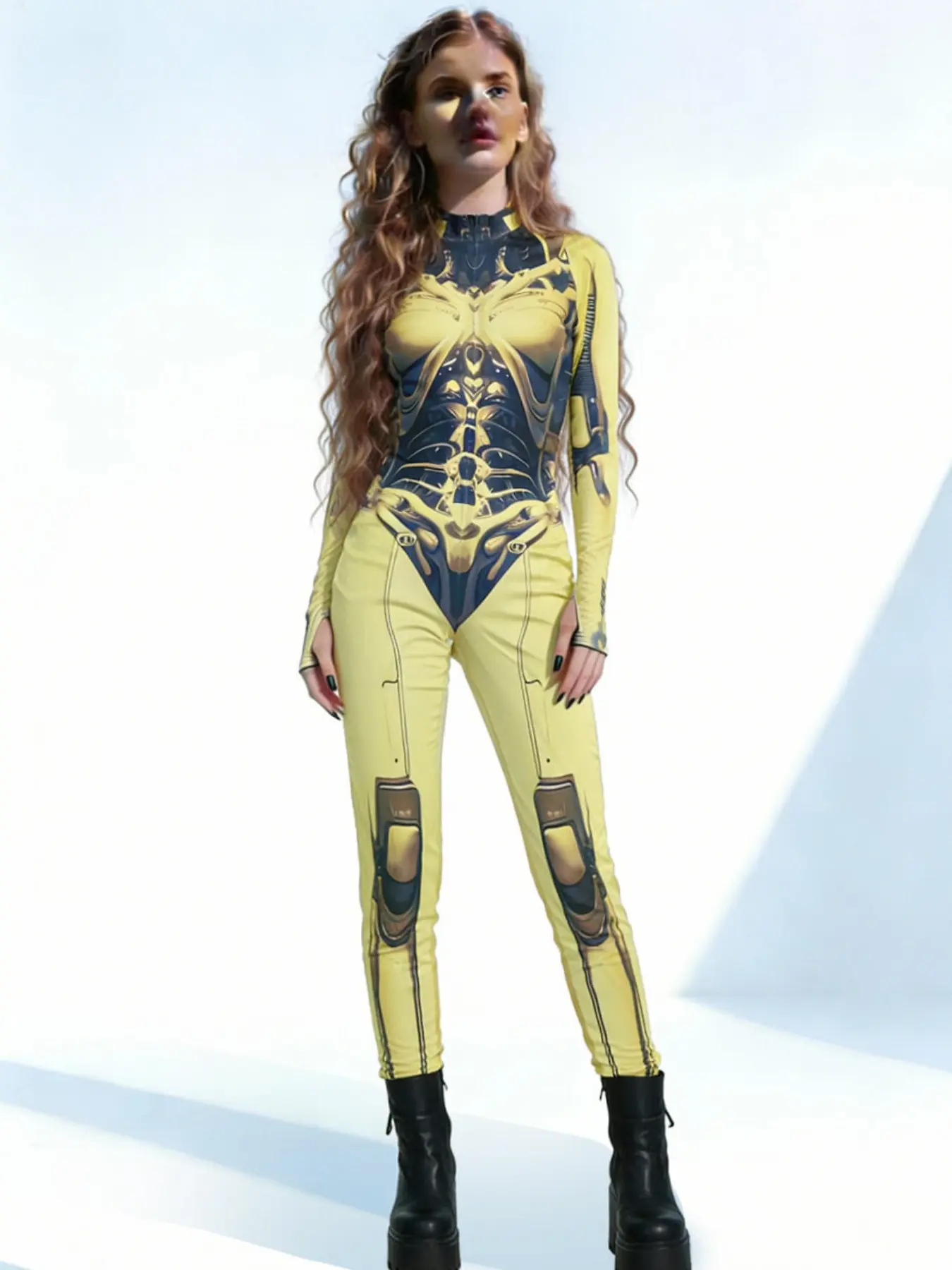 Cyberpunk Neon Circuit Print Bodysuit Womenswear, Festival Rave Halloween Cosplay Costume Outfit, Futuristic Tight-Fit, Perfect for Music Festivals and Parties