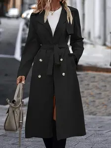 One women's black Long Sleeve double-breasted long coat-style windbreaker Jackets suitable for both daily work and formal events, exuding a Chic, elegant and sophisticated look.