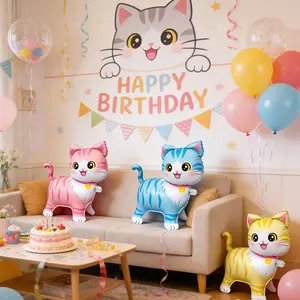 3pcs Standing Walking Blue Cat Balloons, Birthday Party Decoration, Party Activity Gift Props, Indoor Outdoor Room Decor