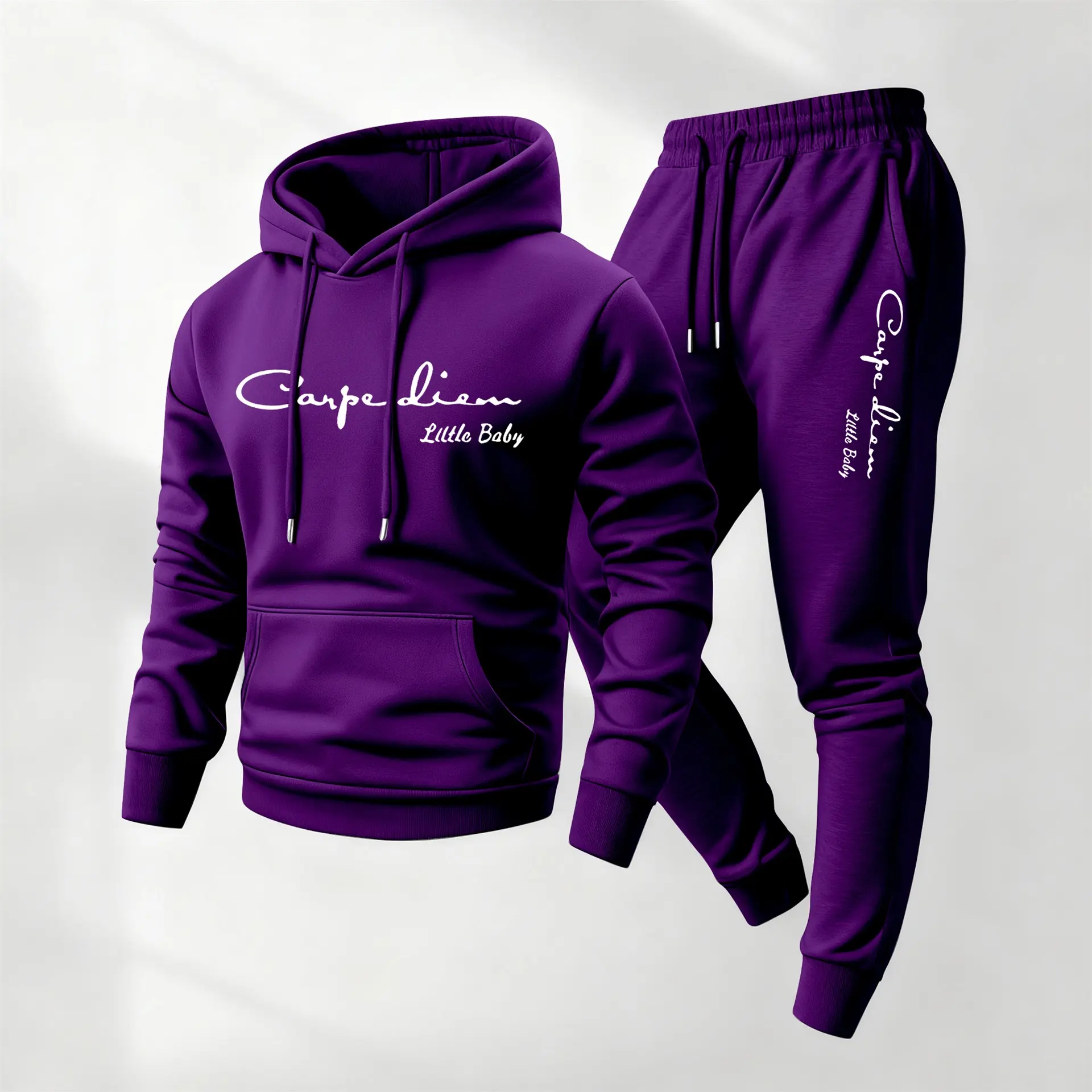 Men's 2-Piece Loose-Fitting Athletic Tracksuit - Minimalist Carpe Diem Printed Polyester Hoodie/Jumper & Sweatpants Set, Normal Type, Machine Washable, Long Sleeve, Smooth, Fall & Winter Casual Wear, Gym