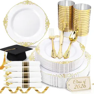 25 Sets/175 Pieces Plastic Dinnerware Set, Disposable Tableware for Weddings and Parties, Includes Plates, Cutlery, Cups, Napkins