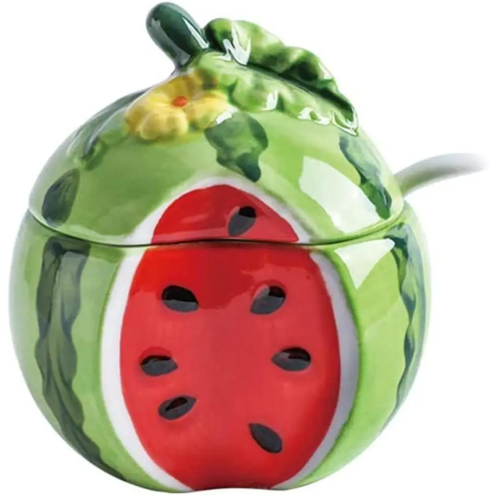 Attractive and Cute Fruit Shape Watermelon Ceramic Kitchen Canister Set - 3.54x3.54x4.33in Lidded Round Containers with Spoons, Utensils, Drizzlers & Dressing Shakers for Sugar, Salt, Pepper, Seasoning Storage, Cafe Use