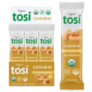 Tosi Cashew Protein Bars, Plant Based with Nuts, Gluten-Free Crunchy Snacks, Vegan, Organic, Flax & Chia Seeds, Soy-Free, Omega 3s, 5G Protein, 1 oz, 12-Pack