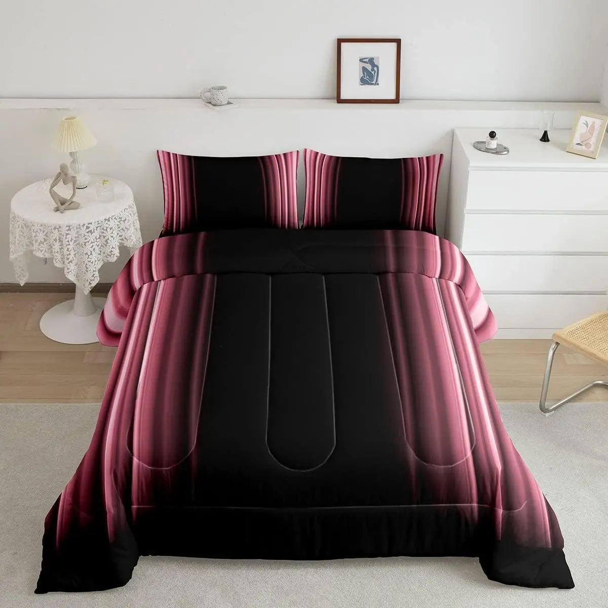 Abstract Ombre Designer Queen Size Comforter Set - Pink Black Luxury Reversible Bedding, Breathable Comforting Duvet for Queen Beds, Comforter Queen Size