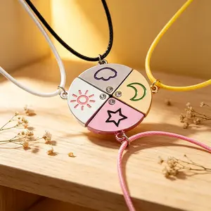 New Set of 4 BFF Friendship Necklace -Sun Moon Star Mushroom Rhinrstone Pendant Set for Best Friends Forever
