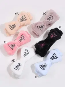 1pc Fluffy Bath Headband, Letter Embroidered Random Color Bow Wide-Brimmed Elastic Headband For Make Up & Shower, Autumn & Winter Christmas For Holiday Gift Giving Home Bathroom Decor