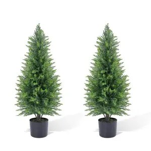 Artificial Cedar Topiary Trees Set of 2, 3FT Outdoor Faux Pine Shrubs Plants, Realistic Potted Fake Cypress Tree for Home Indoor Garden Patio Decor