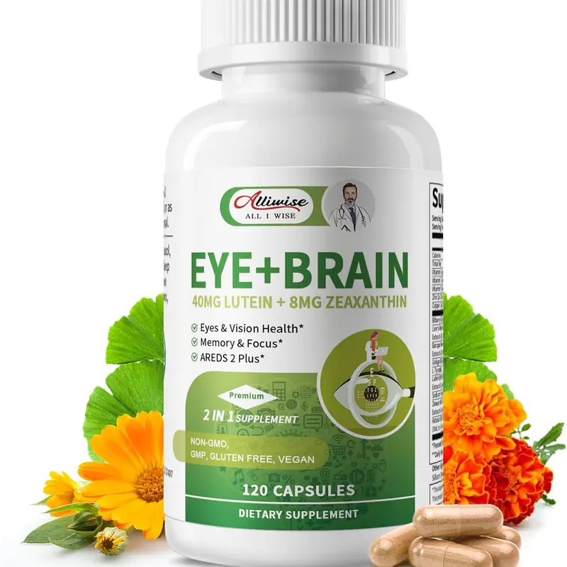 Eye + Brain Supplements for Memory and Focus, Lutein 40mg, Zeaxanthin, Astaxanthin, 14 in 1 Eye Vitamins for Adults & Seniors 120 Capsules