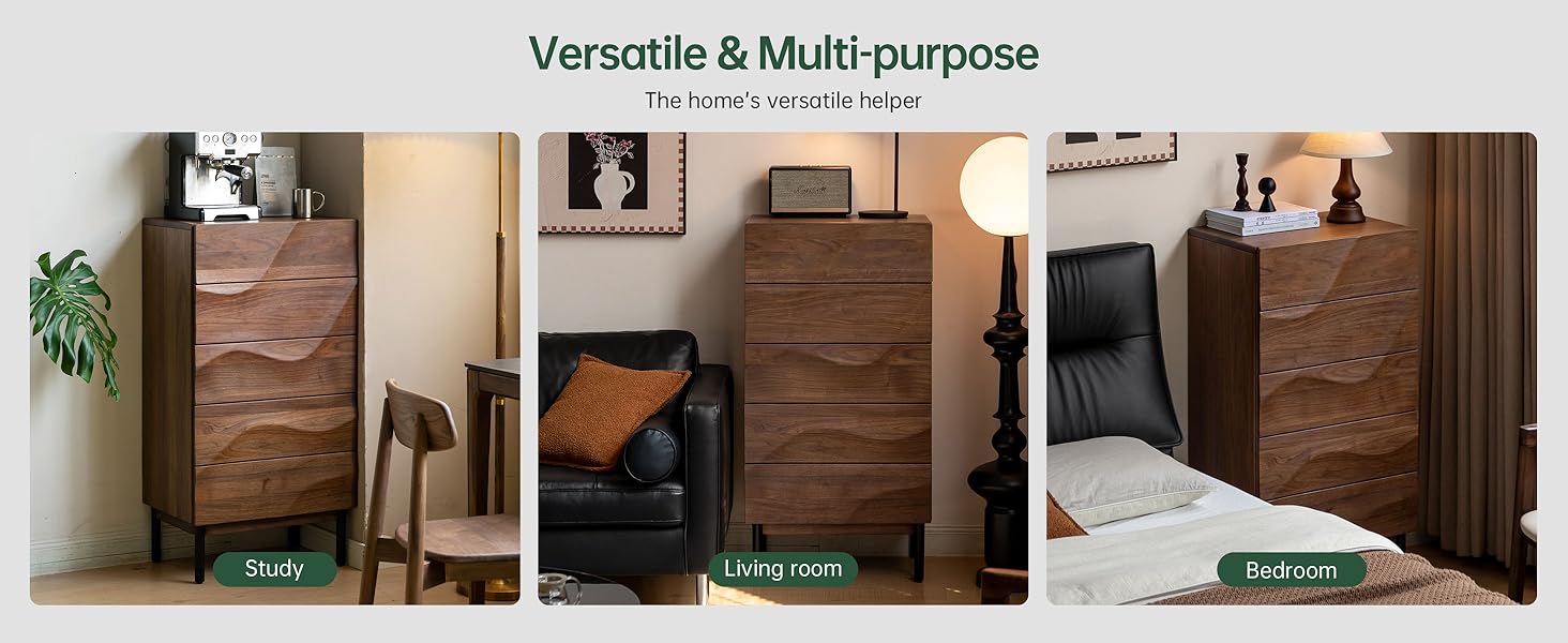 YESWOOD Solid Walnut Nightstand, 5 Drawer Bedside Table for Bedroom, Solid Wood nightstand with Drawers, Modern Night Stand for Living Room, Hallway, Closet(Black Walnut, 43" H)