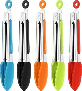 5PCS Mini Kitchen Tongs 7 Inch Silicone Tongs for Cooking Serving BBQ, Small Stainless Steel Food Tong with Silicone Tips for Salad, Bread, Buffet, Party & Kitchen Use