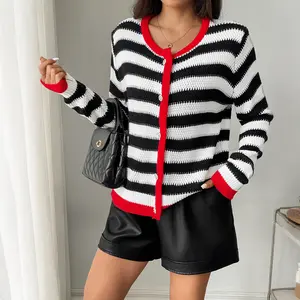 Woman's Striped Knit Cardigan Soft Breathable Red Trim Button Front Casual Outfit Preppy Style Classic Design Comfortable Lightweight Sweater For Daily Wear School Date Travel Outdoor Shopping