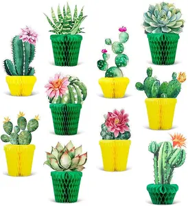 10Pcs Cactus Honeycomb Centerpiece Potted Succulent Paper Table Topper Rustic Bloom Theme Summer Party Table Decoration for Birthday Hawaiian Luau Baby Shower Photography