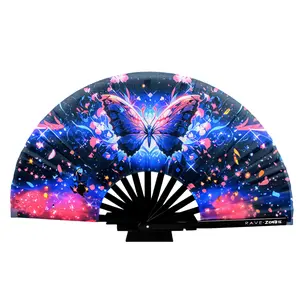 Butterfly Bling UV-Reactive Hand Fan | Foldable Bamboo Ribs | Premium Polyester Fabric | Matching Holster | Rave Fan | Festival Fan Decor Light Accessory Lightweight Foldable Cooling Wooden
