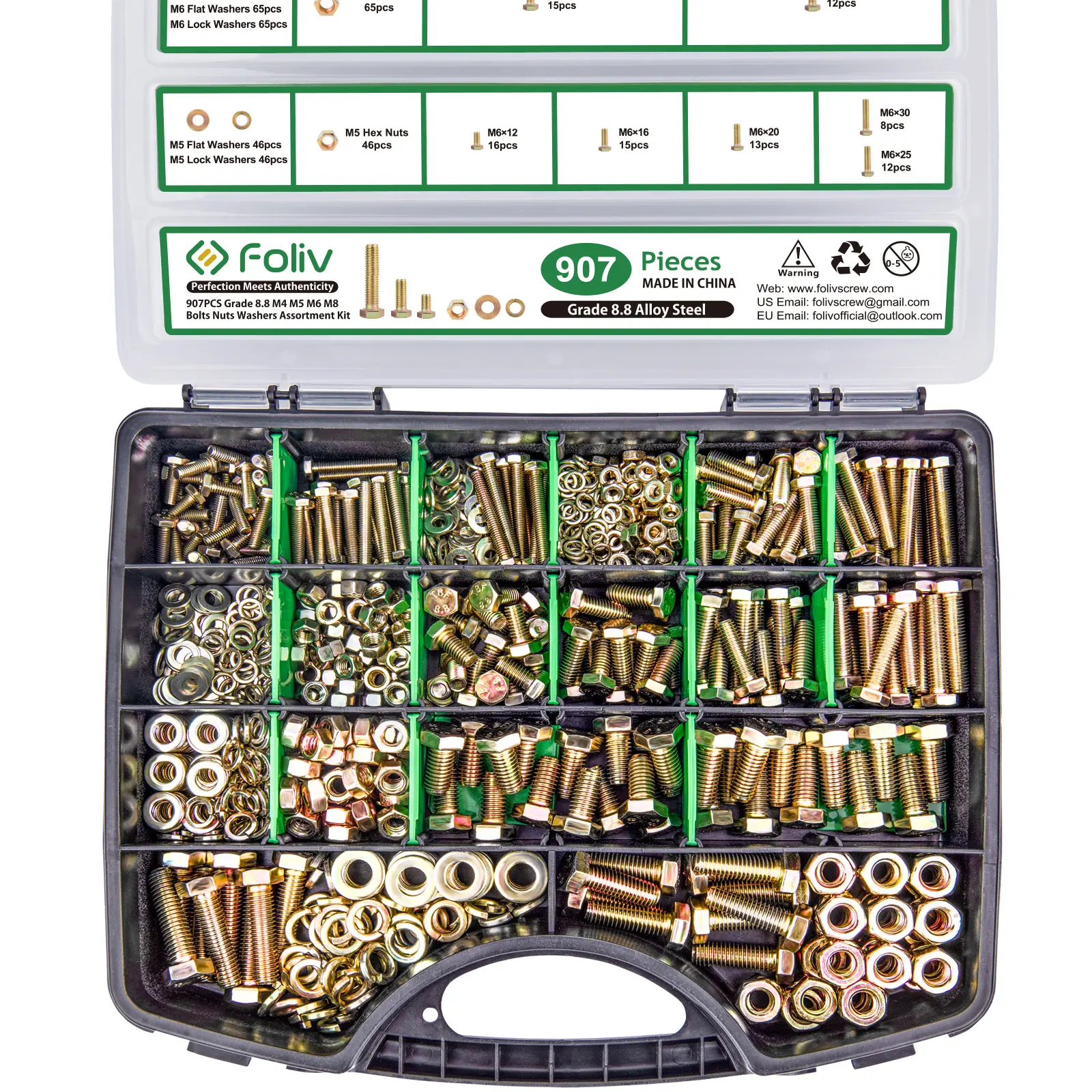FOLIV 907pcs Grade 8.8 Metric Bolt Assortment, M4 M5 M6 M8 Heavy Duty Bolts and Nuts Kit, Yellow Zinc Plated, Length from 12-30mm